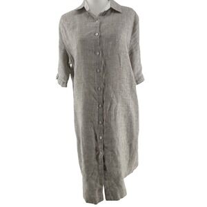 Crown Linen Designs Shirt Dress Womens Medium Grey Stripe 100% Linen Cottagecore
